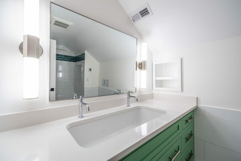 trough sink green vanity large mirror sconces hair pin feet chrome brizo niche